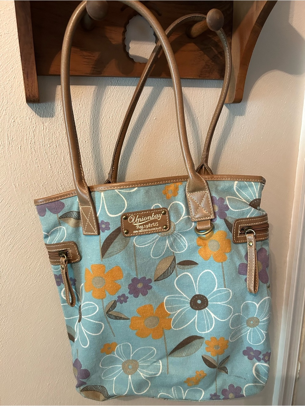UNIONBAY Blue Floral Canvas Tote Bag, vintage in great shape!